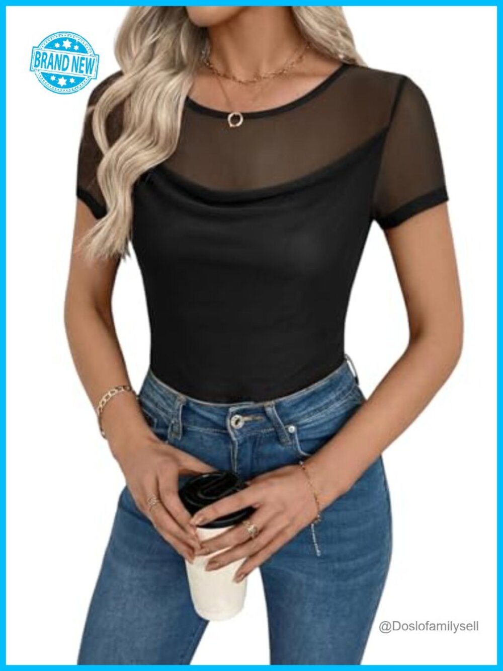 Womens Lace Short Sleeve Crew Neck Blouse Sheer Mesh Party Top